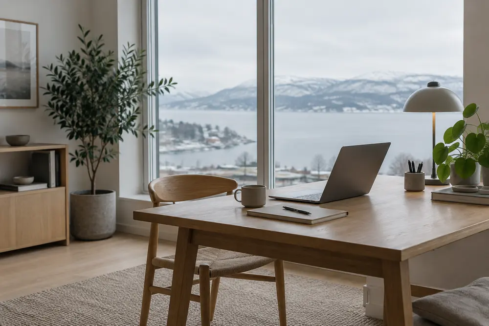 Lyst skrivebord med computer og udsigt over vand